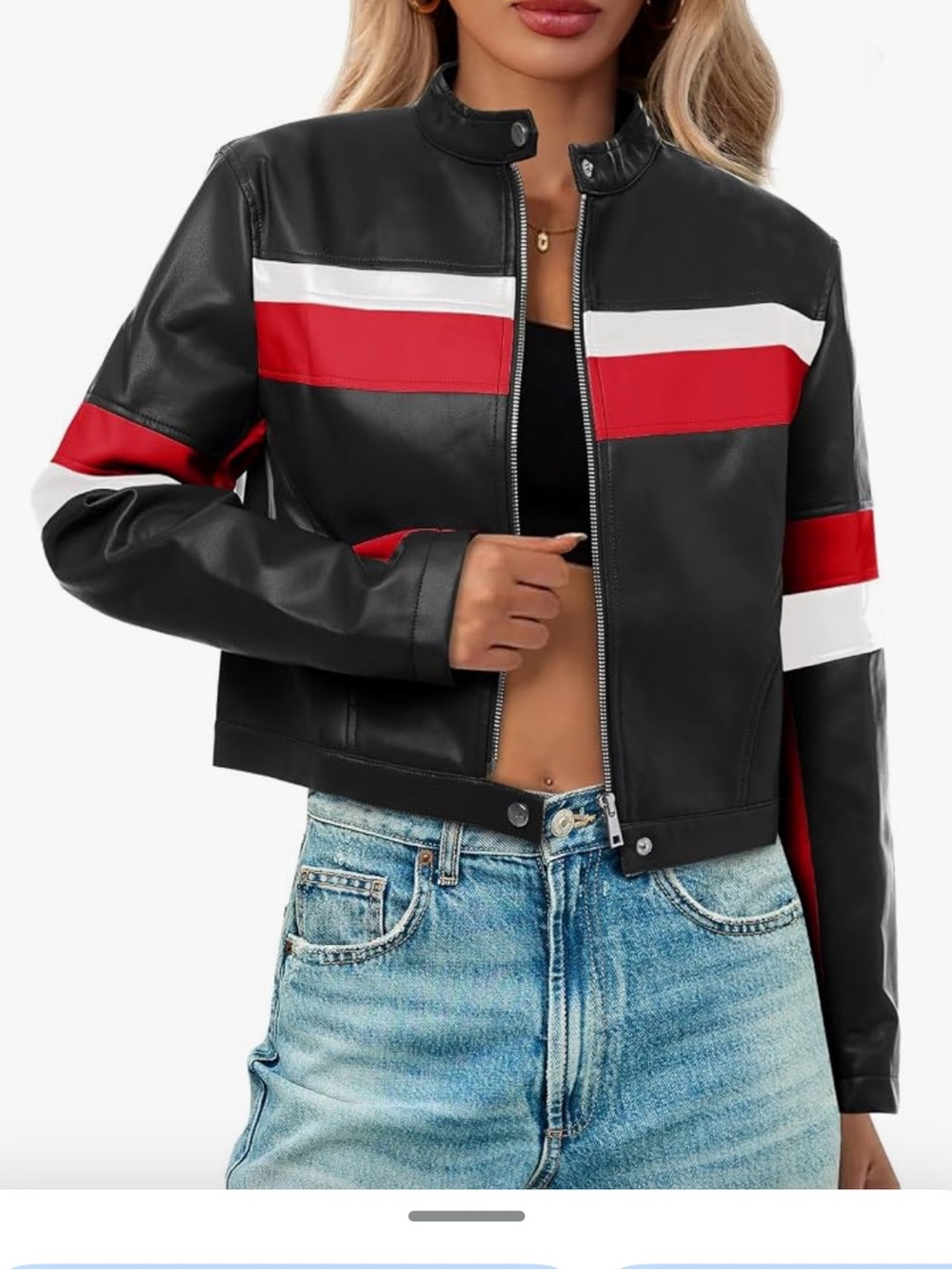 Black Faux Leather Moto Jacket with Red & White Stripes